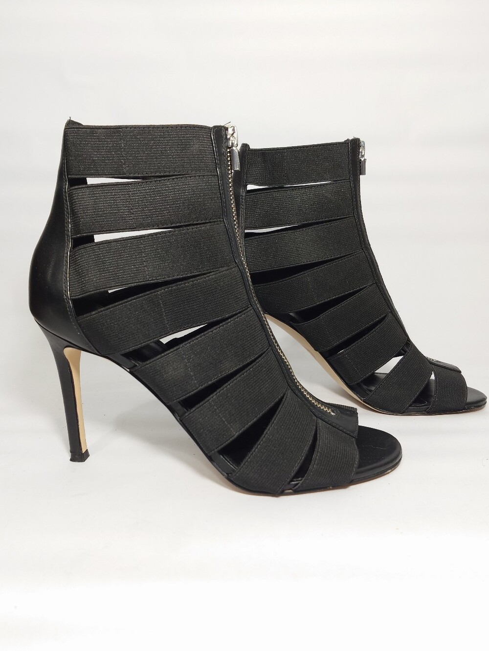 Michael Kors Black Caged Elastic Heeled Sandals Front Zip Size 9M